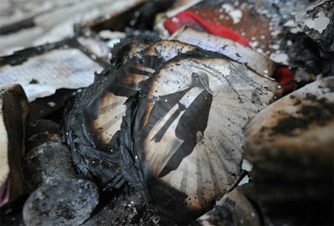 A burned image of the Virgin Mary